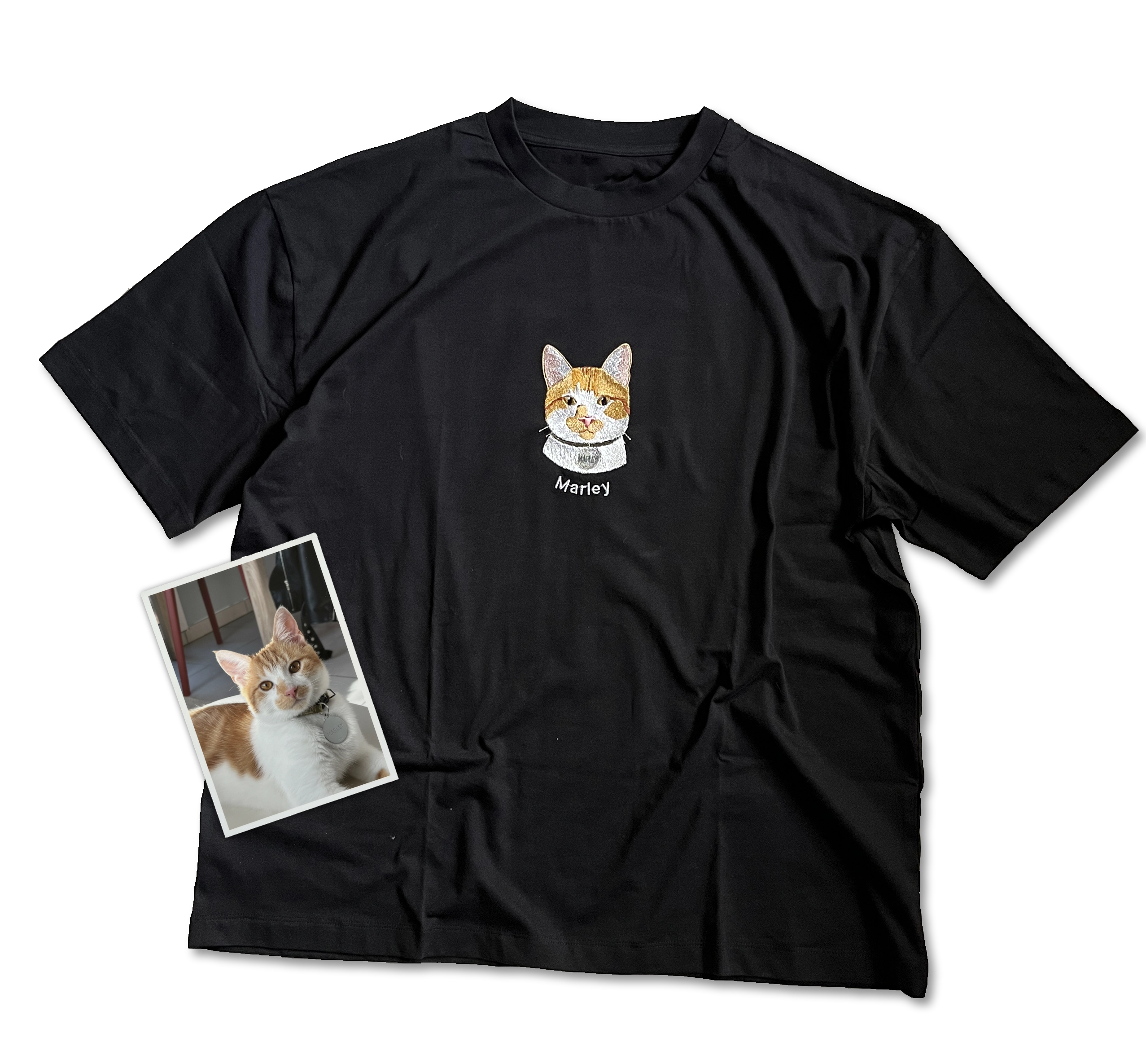 T-shirt noir personnalisé avec broderie chat d'après photo - Avis client Custom moi ça