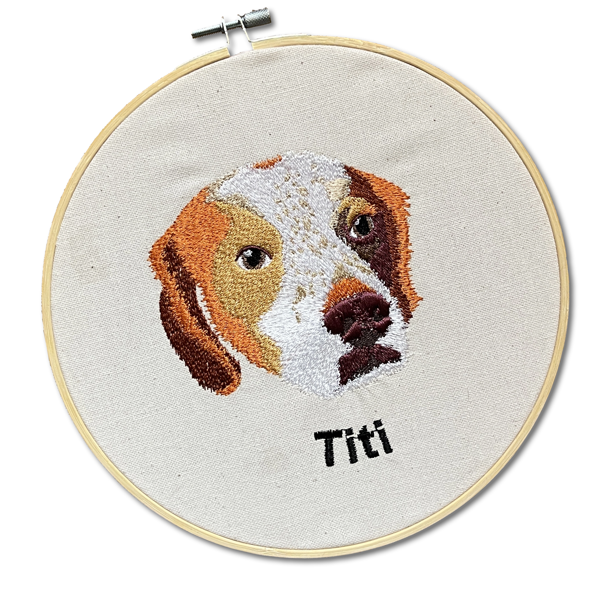 Portrait de chien brodé sur tambour décoratif personnalisé - Avis client Custom moi ça