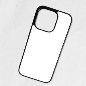 Coque iPhone vierge blanche prête pour personnalisation par sublimation, modèle avec bordures noires protectrices.