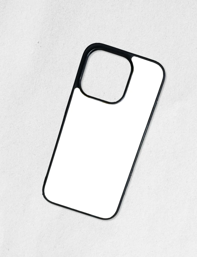 Coque iPhone vierge blanche prête pour personnalisation par sublimation, modèle avec bordures noires protectrices.