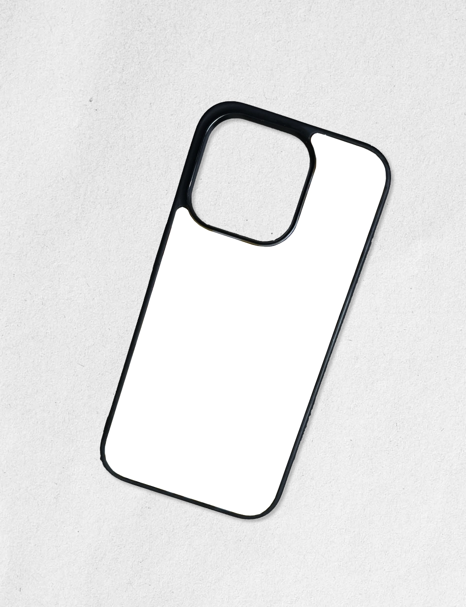 Coque iPhone vierge blanche prête pour personnalisation par sublimation, modèle avec bordures noires protectrices.