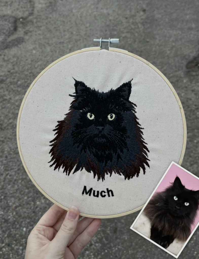 Portrait brodé personnalisé d'un chat Maine Coon noir à poils longs nommé Much, présenté sur tambour avec sa photo de référence.