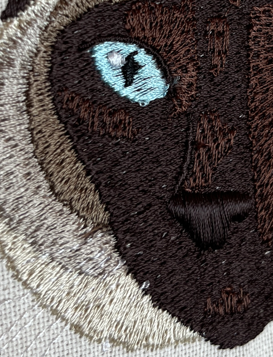 Gros plan macro sur une broderie de chat montrant les détails des points de couture, le relief des fils marron et l'éclat du fil turquoise pour l'œil.