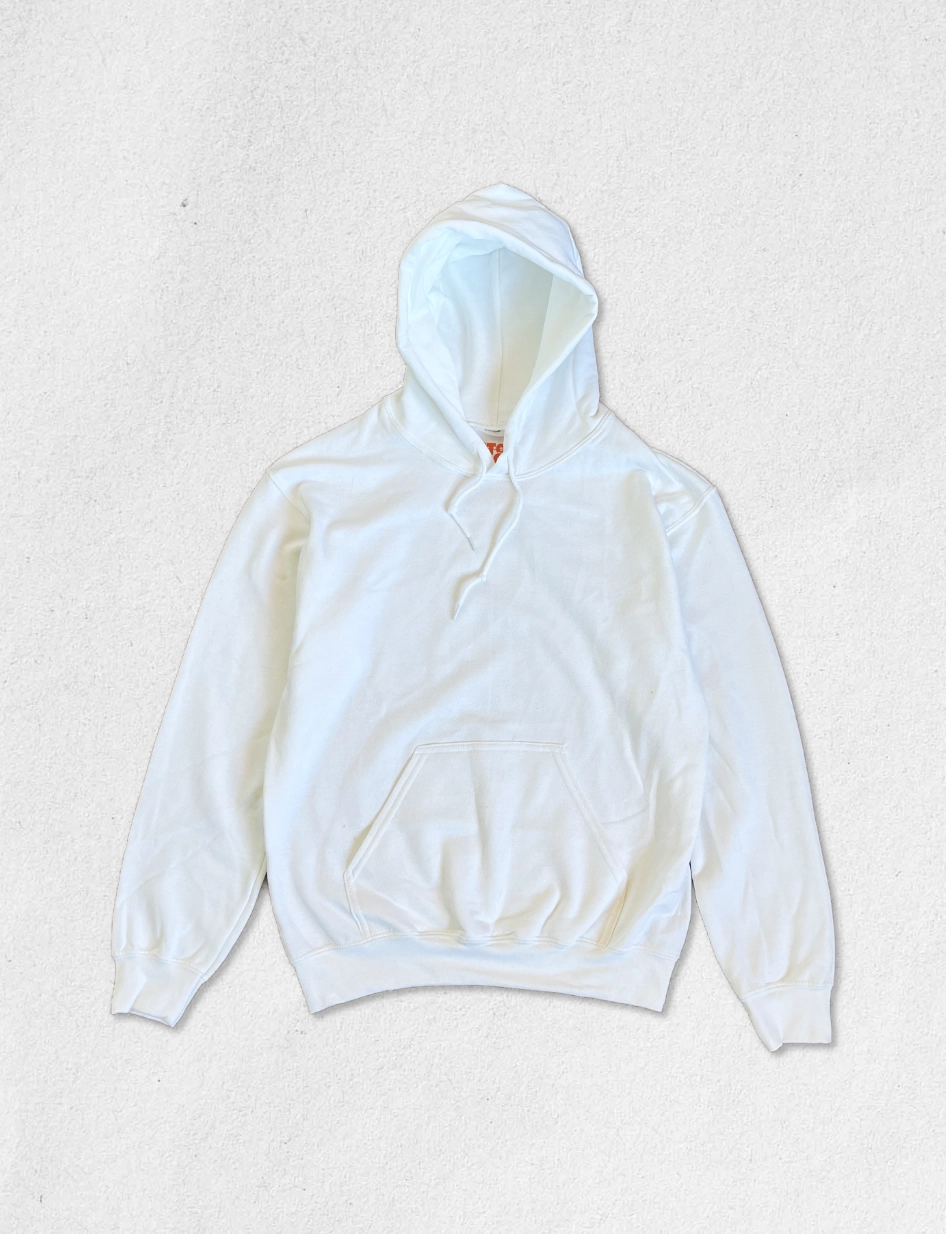 Hoodie blanc à capuche avec poche kangourou, prêt pour personnalisation en broderie ou impression DTF