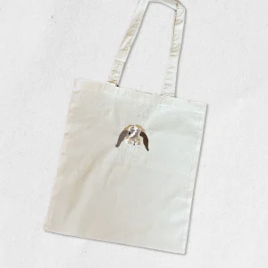 Sac tote bag personnalisé broderie animal de compagnie : portrait de lapin bélier brodé sur coton beige